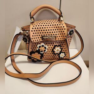 NWT ZAC Zac Posen "Eartha" Tan Perforated Appliqued Leather Crossbody Bag $415